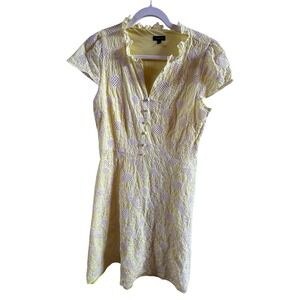 Talbots Yellow Floral Cotton Eyelet Fit & Flare Dress Size 12 Neckline Ruffle